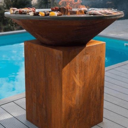 Corten Metal Fire Bowl With Grill Table